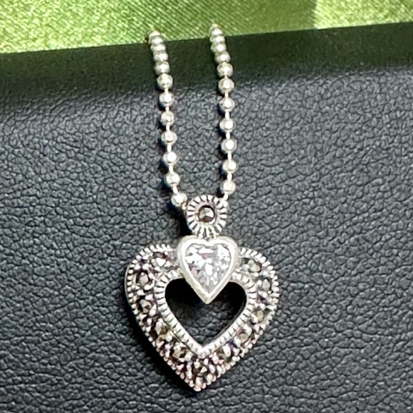 Heart Pendant Sterling Silver Necklace Marcasite 5g 17’ Bead Ball Chain 5511 - Picture 4 of 13